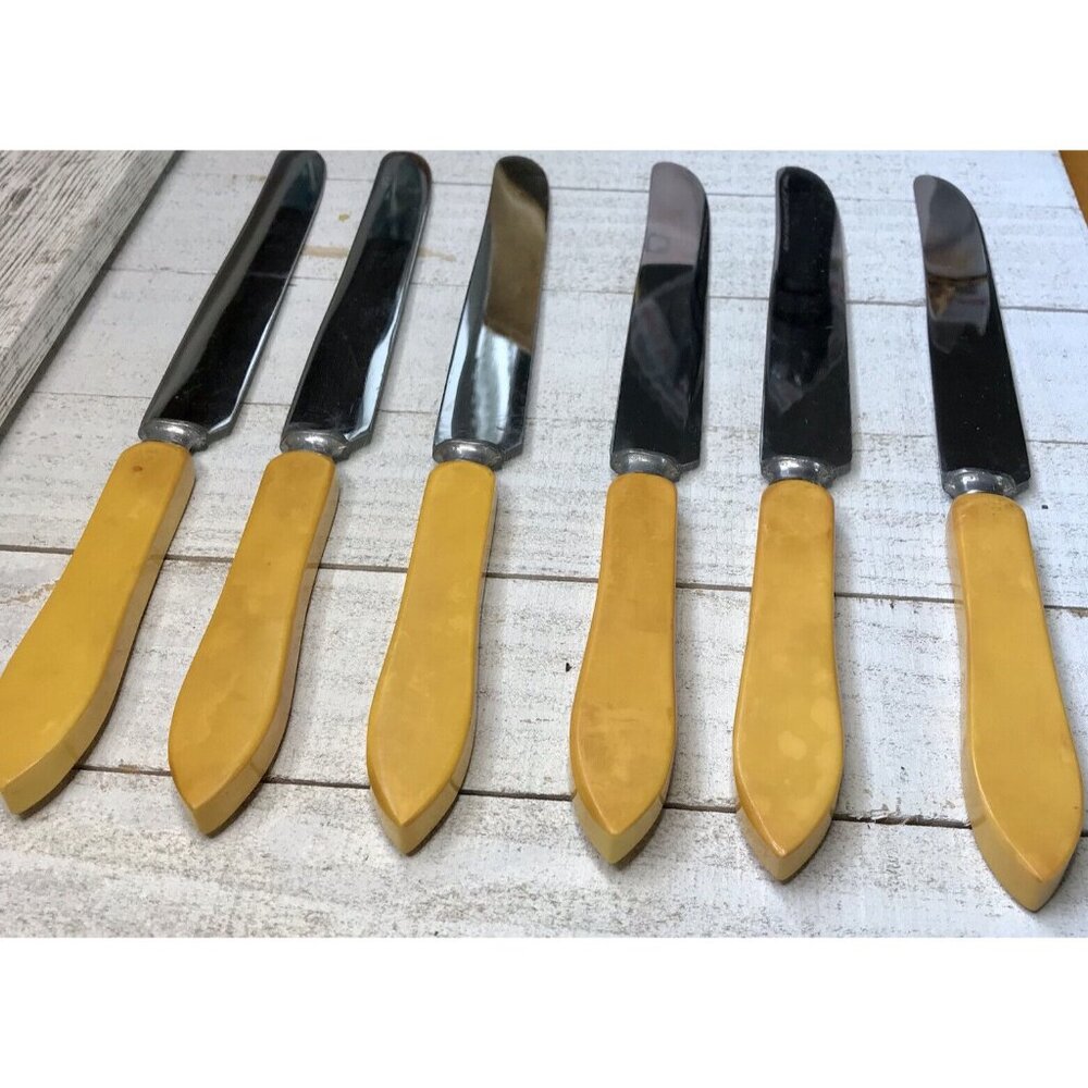6 Vtg Butterscotch Bakelite Flatware Antq Boker Art Deco 1930s Stainless Knives